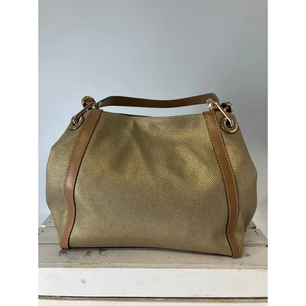 MICHAEL KORS, GOLD CANVAS, BROWN LEATHER TIM SHOULDER BAG